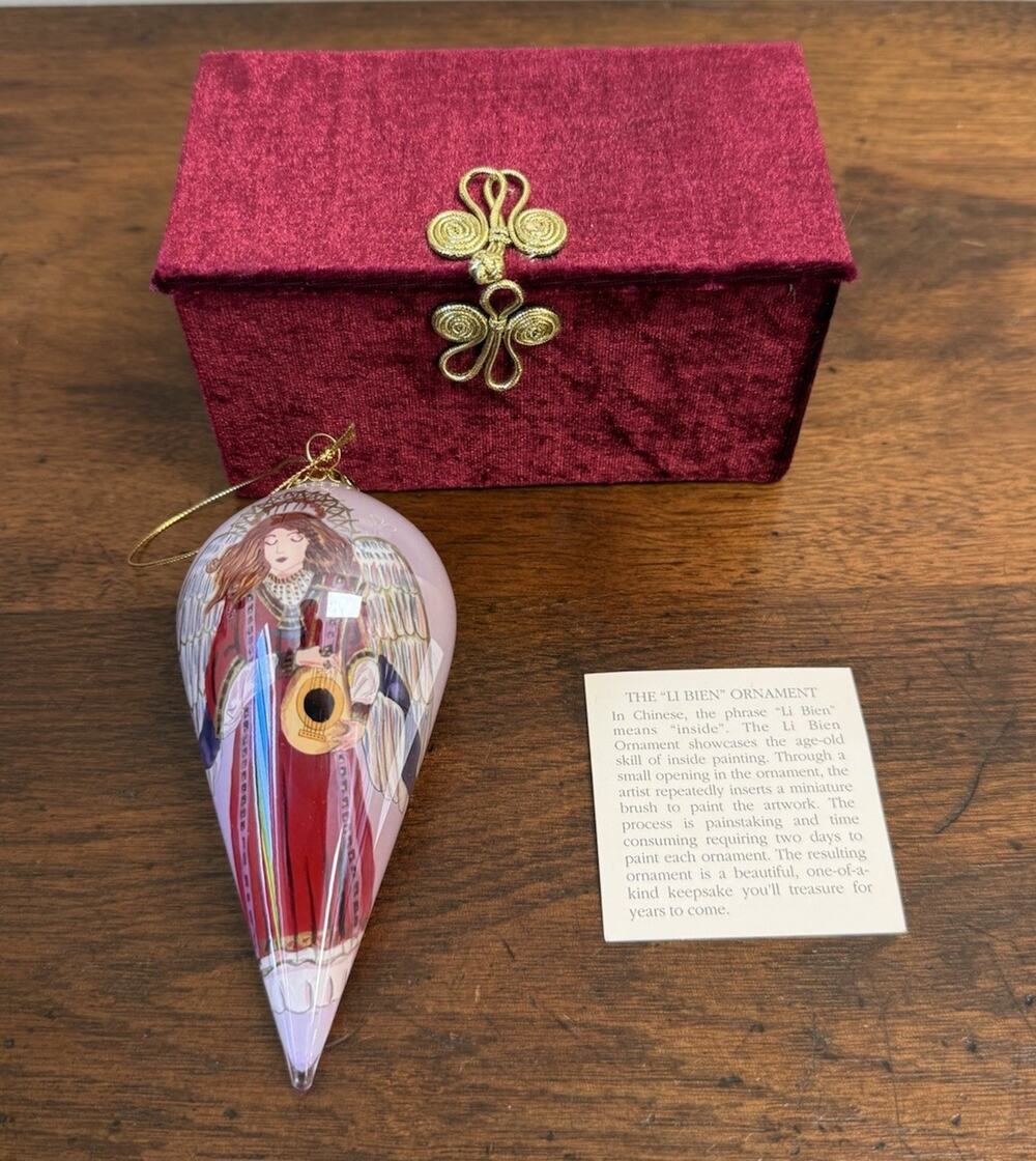 Vintage 2003 Pier 1 Li Bien Angel Cone Inside Painted Glass Ornament Box 5"